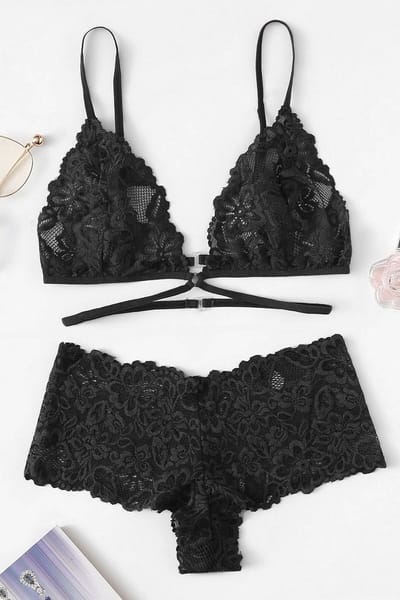La Nuita Zwarte Kanten Lingerie Set - Sexy Bh met Strappy Detail en Boxerslip - Tweedelige Dames Set (S t/m XL)