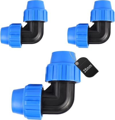 PP Fitting Schroefverbinding voor PE Buizen 25mm - 90° Hoekverbinding - Kunststof Coupling Blauw, Set van 3 Stuks voor Waterleiding en Irrigatie
