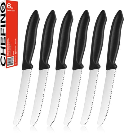 Chefino Tafelmessen Set 6 Stuks – Gekartelde Messen RVS – Steakmessen – Broodmesjes – Tomatenmessen – Vaatwasserbestendig – Zwart