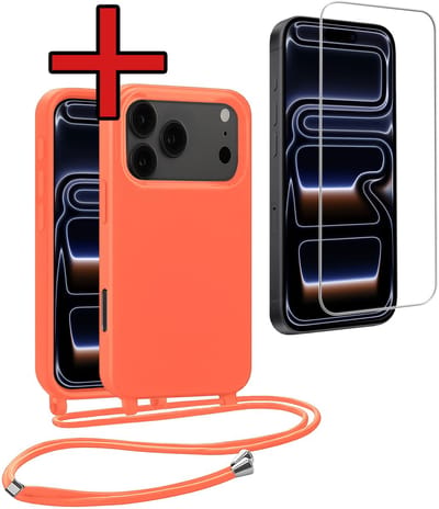 Hoesje Geschikt voor iPhone 17 Pro / 18 Pro Hoesje Siliconen Case Met Koord Met Screenprotector - Hoes Geschikt voor iPhone 17 Pro / 18 Pro Hoesje Backcover Met Telefoonkoord - Papaya