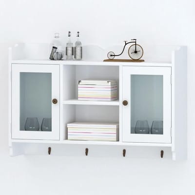 Wandkast - Hangend meubel - Spullen opbergen - Met glazen deuren - 68 x 17 x 44 cm - Wit