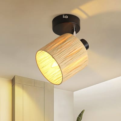 NETTLIFE Opbouwspot - E14 Fitting - 1-Lichts - Zwart - Natuurlijk Papier Design - rond - Vintage Hallamp - Plafondspot - voor Woonkamer | Slaafkamer | Gang | Keuken-excl. lichtbron
