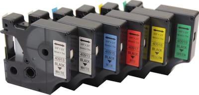 KATRIZ® huismerk label tape voor Dymo | 2x 40913(Zwart op Wit) + 1x 40917(Zwart op Rood) + 1x 40916(Zwart op Blauw) + 1x 40918(Zwart op Geel) + 1x 40919(Zwart op Groen) | 9mm*7m | 6 stuks