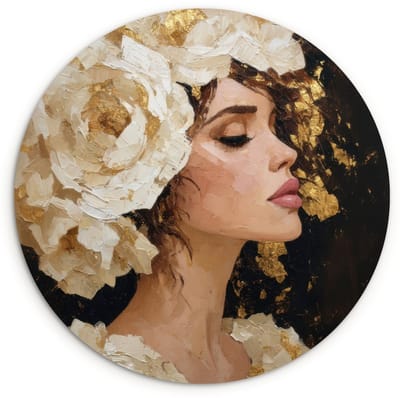 WallCircle® Wandcirkel 120x120 cm - Muurcirkel Abstract - Vrouw - Bloemen - Wit - Muurdecoratie woonkamer - Wanddecoratie slaapkamer - Kamer decoratie accessoires - Ronde schilderijen XXL