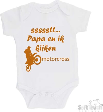 100% katoenen Romper "ssssstt... Papa en ik kijken motorcross" Unisex Katoen Wit/tan Maat 56/62