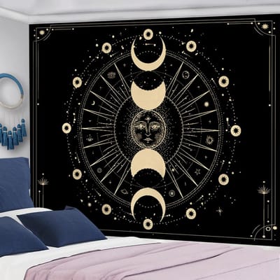 Zon Maan Wandkleed Zwart Wit Sterrenhemel Wanddecoratie Astrologie Divinatie Mat hekserij Hippie Mandala's Psychedelisch Taiji Decor 95x70CM beige