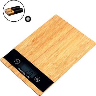 Digitale Keuken Precisie Weegschaal - Bamboe - tot 5kg - Vierkant - Inclusief 2 Batterijen