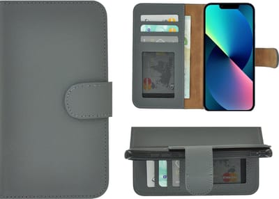 Hoesje Geschikt voor iPhone 13 Mini - Bookcase - Portemonnee Hoes Echt leer Wallet case Grijs