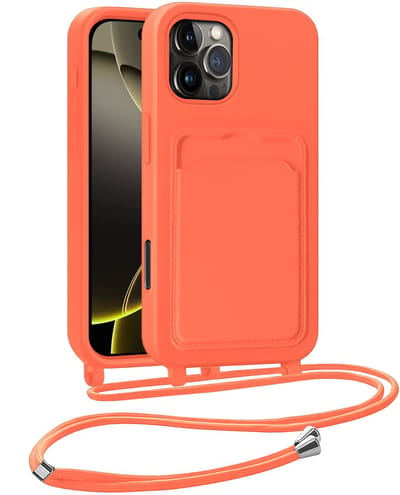 Hoesje Geschikt voor iPhone 16 Pro Telefoonhoesje Met Koord Case Pashouder Siliconen - Hoes Geschikt voor iPhone 16 Pro Hoesje Met Kaarthouder - Papaya