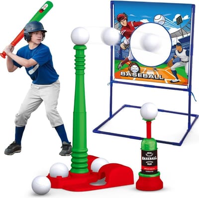 T Ballensets voor kinderen van 3-5, kinderspeelgoedset met instelbare hoogte, baseball doelwit vast & ejectie, baseball, gevechtsthee, 6 stuks, honkbals, outdoor speelgoed, cadeaus voor jongens