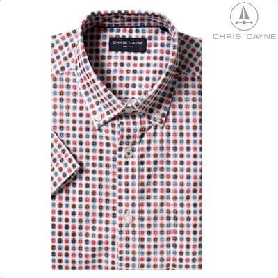 Chris Cayne heren overhemd korte mouw - M - borstzak - blauw/rood - geprint dessin - 100 % Katoen - borstzak