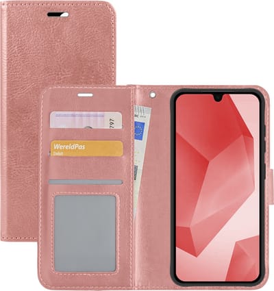 Hoesje - Met Pasjeshouder - Geschikt voor Samsung Galaxy A16 - Luxe Bookcase Portemonee - Flip Case - Kunstleer Book Case - Flipcase - Book Cover - Walletcase - Portemonneehoes - Rosé goud