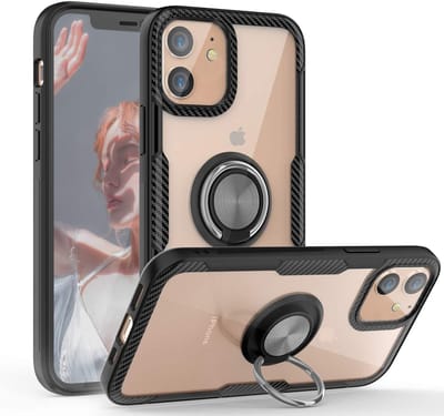 Hoesje Geschikt voor iPhone 12 Pro Max (6.7) Luxe hoesje Backcover case - Metalen Ring houder - Zwart