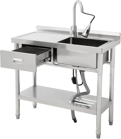 Vrijstaande roestvrijstalen spoelbak één kom | Met werkblad, lade, opbergplank, kraan en verstelbare poten | Voor keuken, wasruimte, garage en werkplaats 99 x 36 x 84 cm
