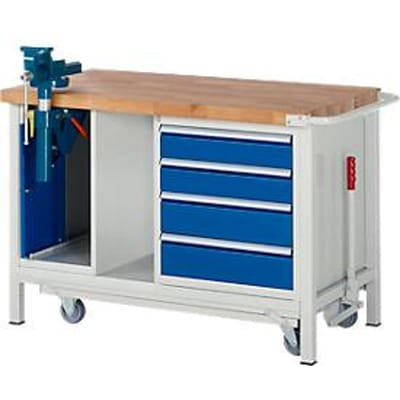 Werkbank model 8185, verrijdbaar, neerlaatbaar, met kast en schuifladen,  B 1250 x D 700 x H 880 mm