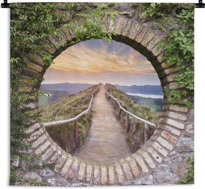 Wandkleed - Wanddoek - Brug - Zee - Doorkijk - Zomer - 180x180 cm - Wandtapijt