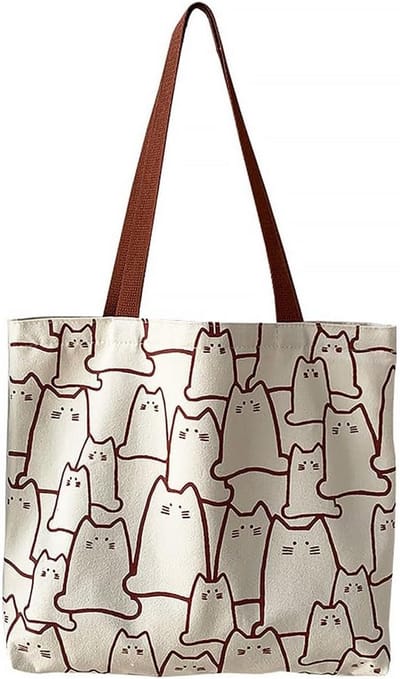 Draagtas Kattenprint - Canvas tas - Dagelijkse boodschappen - Met ritssluiting - 42 cm - Beige zwart