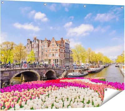 Gards Tuinposter Amsterdamse Huisjes aan de Grachten - 120x90 cm - Tuindoek - Tuindecoratie - Wanddecoratie buiten - Tuinschilderij