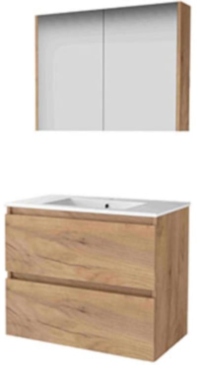 Basic-Line Comfort 46 Badkamermeubelset - 80 x 46 cm - Greeploos - 2 Lades - Keramische Wastafel - 1 Kraangat - Spiegelkast - Whisky Oak