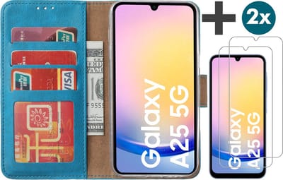Hoesje met 2 Stuks Screenprotectors Geschikt voor Samsung Galaxy A25 – Arara bookcase met pasjeshouder - Blauw