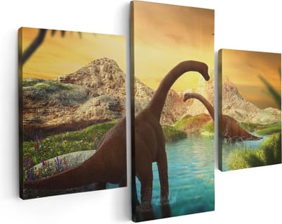 Artaza Canvas Schilderij Drieluik Dinosauriërs in het Water - Dino's - 90x60 - Foto Op Canvas - Canvas Print