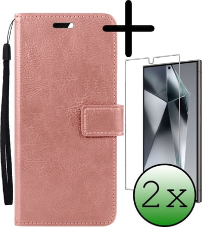 Hoesje Met 2x Screenprotector - Geschikt voor Samsung Galaxy S24 Ultra - Luxe Pasjeshouder - Bookcase Portemonee - Flip Case - Kunstleer Book Case - Flipcase Hoes - Book Cover - Walletcase - Portemonneehoes - Rosé goud