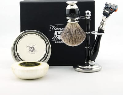 Complete scheerset voor mannen, Haryali London-scheerset voor mannen, met 5-randscheermes, scheerkwast, scheerstandaard, scheerkom en zeep, beste scheerset voor herenscheren in zwarte kleur