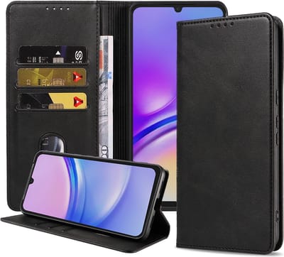 Smartphonica Telefoonhoesje geschikt voor Samsung Galaxy A15 kunstleren Hoesje met Magnetische sluiting en Pasjeshouders Book Case met Klepje - Zwart geschikt voor Samsung Galaxy A15