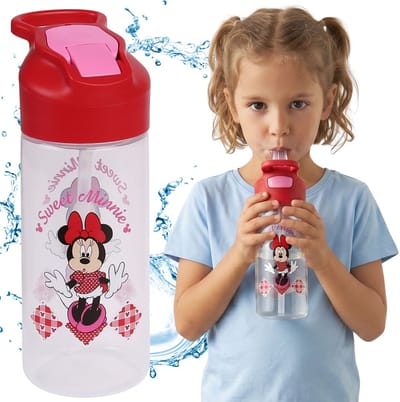 DISNEY Minnie Mouse Waterfles met drinkmondje en handvat, doorzichtige fles met slangetje 450 ml