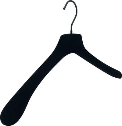 [Set van 3] Zeer luxe en exclusief uitgevoerde MASSIEF houten jashangers / garderobehangers / kledinghangers voorzien van een diepzwarte fluweel (velours, velvet)  antislip finish met dikke schouderkoppen en een draaibare glossy zwarte haak