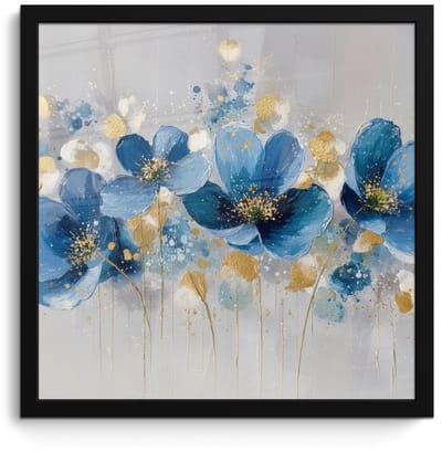 Poster in lijst - Fotolijst 40x40 cm - Posters - Bloemen - Blauw - Abstract - Posterlijst zwart - Decoratie - Wanddecoratie woonkamer - Muurdecoratie slaapkamer