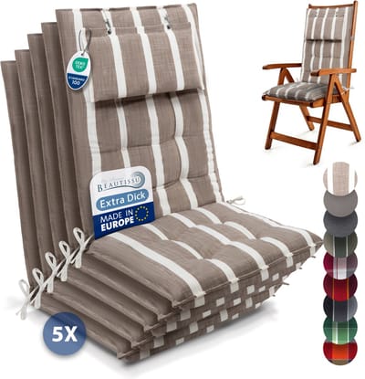 Beautissu Sun-HL - Set van 5 Premium Hoge Rugleuning Kussen met Hoofdkussen 120x50 cm – UV-bestendig & 8cm Dik Kussen Tuinstoelkussen Antislip Bevestigingsbanden – Stevige Stof Beige wit gestreept