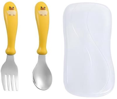Driedelige kinderservies set - lepel, vork - roestvrij staal - plastic handvat - schattig kuikentje patroon