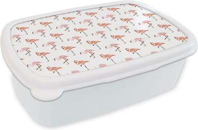 Broodtrommel Wit - Lunchbox - Brooddoos - Flamingo - Patroon - Roze - 18x12x6 cm - Volwassenen