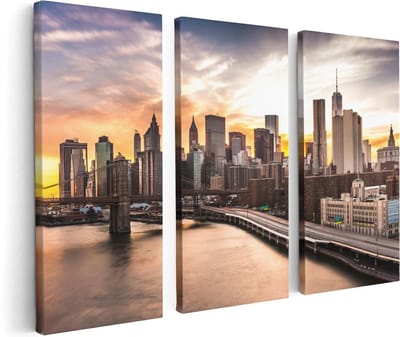 Artaza Canvas Schilderij Drieluik Brooklyn Bridge Brug In New York - 120x80 - Foto Op Canvas - Canvas Print
