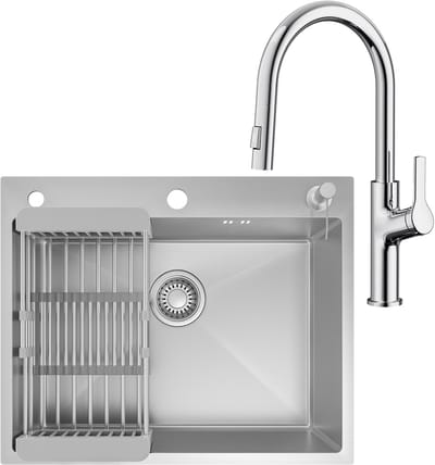 CECIPA max Spoelbak Keuken 60x49CM - Met keukenkraan met uittrekbare uitloop - Gootsteen RVS - Spoelbak Met Kraangat - Spoelbak Met Zeepdispenser - Verstelbaar Mandje