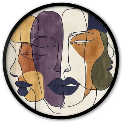 Poster in lijst Rond - Fotolijst 40x40 cm - Posters - Abstract - Overlappende gezichten - Paars - Donkergroen - Ronde posterlijst zwart - Decoratie - Wanddecoratie woonkamer - Muurdecoratie slaapkamer
