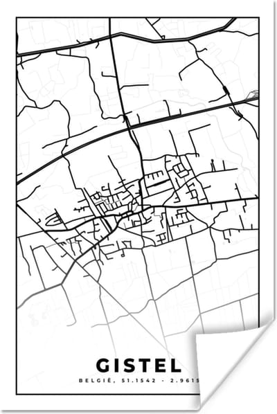 Poster Plattegrond – Gistel – Zwart Wit – Stadskaart - België - Kaart - 120x180 cm XXL