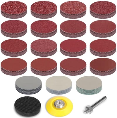 50 mm schuurschijfjes, 190 stuks met 1 x 6 mm schacht en schuimrubberen steunschijfje, korrel 40 / 60 / 80 / 100 / 120 / 150 / 180 / 240 / 320 / 400 / 600 / 800 / 1000 / 1200 / 1500 / 2000 / 3000 / 5000 / 7000, schuurschijfjes voor boormachine
