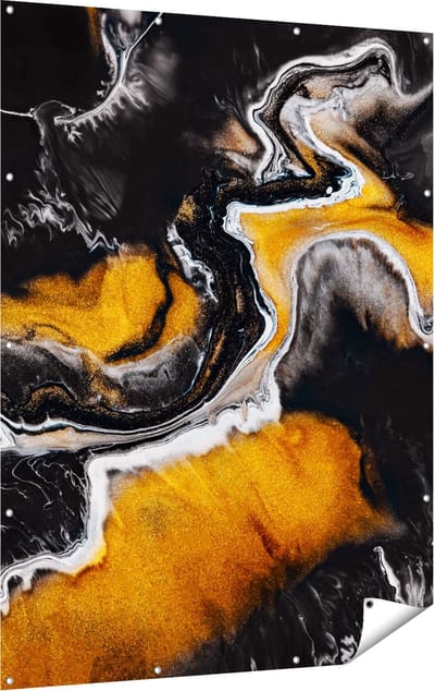 Gards Tuinposter Abstracte Kunst van Zwarte Gouden Verf - 120x160 cm - Tuindoek - Tuindecoratie - Wanddecoratie buiten - Tuinschilderij