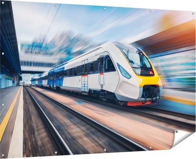 Gards Tuinposter Trein bij het Station - 180x120 cm - Tuindoek - Tuindecoratie - Wanddecoratie buiten - Tuinschilderij