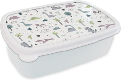 Broodtrommel Wit - Lunchbox - Brooddoos - Patroon - Dinosaurus - Kinderen - Baby - Jongens - Meisjes - Kindje - 18x12x6 cm - Volwassenen