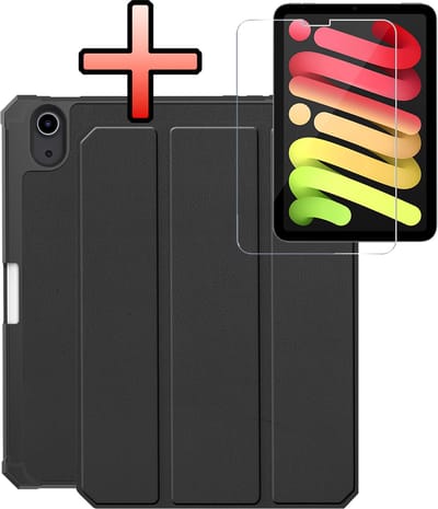 Hoes - Geschikt voor Apple iPad Mini 7 (2024) - 8.3 inch - 7e Generatie - Met Screenprotector - Trifold Bookcase - Hard Cover Case - Met Uitsparing Geschikt voor Apple Pencil - Hardcover Book - Tablet Hoesje - Zwart