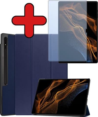 Hoes Geschikt voor Samsung Galaxy Tab S10 Ultra Hoes Book Case Hoesje Trifold Cover Met Uitsparing Geschikt voor S Pen Met Screenprotector - Hoesje Geschikt voor Samsung Tab S10 Ultra Hoesje Bookcase - Donkerblauw