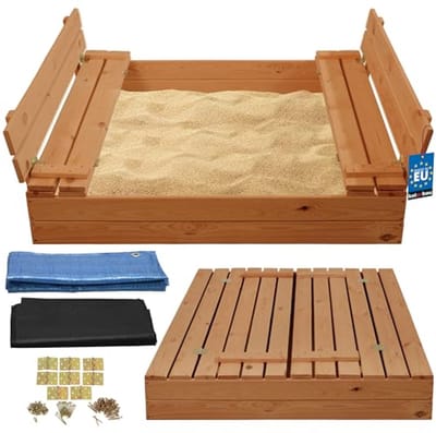 KOTARBAU® Houten Zandbak - 120 x 120 cm - Bruin - Zandbak met Deksel - en Bankjes - Met Grondzeil - Geïmpregneerd - Buitenspeelgoed