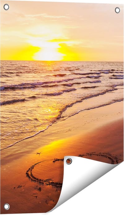 Gards Tuinposter Zonsondergang op het Strand met een Hartje - 40x60 cm - Tuindoek - Tuindecoratie - Wanddecoratie buiten - Tuinschilderij