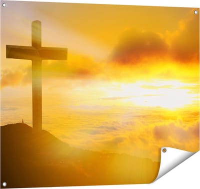 Gards Tuinposter Kruis van Jezus Christus bij Zonsondergang - 100x80 cm - Tuindoek - Tuindecoratie - Wanddecoratie buiten - Tuinschilderij
