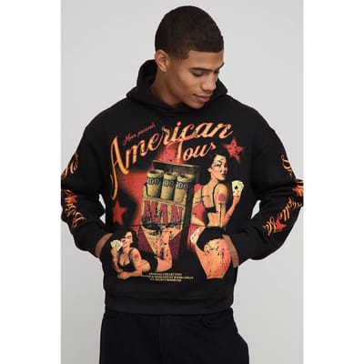 Black Oversized Boxy American Tour Graphic Hoodie | Size XS