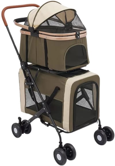 Dierenbuggy – Voor Twee Kleine en Middelgrote Huisdieren – Inklapbaar met Afneembare Draagmanden – Donkergroen, Metaal/Kunststof