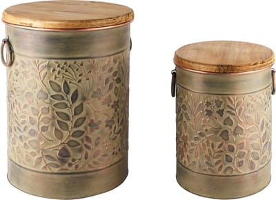 Dekoratief | Set 2 tonnen m/blaadjes, groen, metaal/hout, 26x26x34cm | A245884